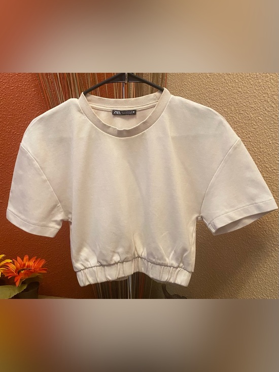Zara Tops - Zara - GUC - Cropped Short Sleeve Sweatshirt Cream